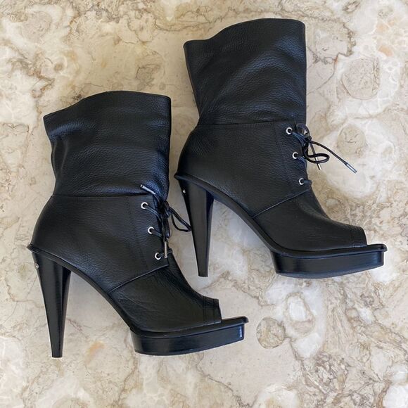 Michael Michael Kors St. Marks Peep Toe Platform Slouch Ankle Leather Boots - Picture 5 of 8